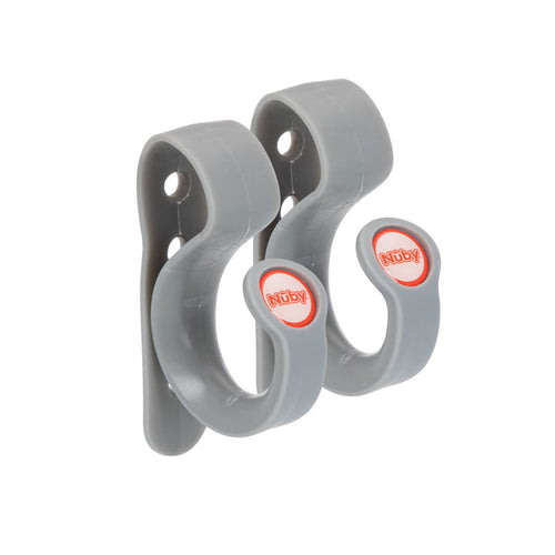 Nuby Non-Slip Stroller Hooks (2 Pack) in grey feature a curved, open design with two mounting holes and red-white logos—ideal stroller accessories for securely hanging items on walls or strollers.