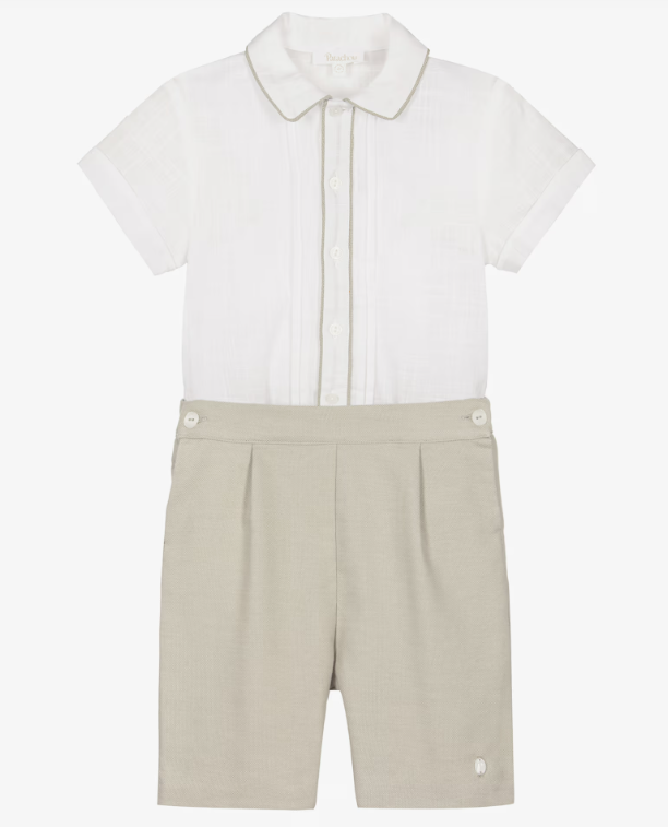 PATACHOU Boys Ivory Shirt & Beige Twill Shorts Set