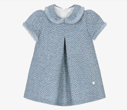 PATACHOU Girls Blue Tweed Dress with Faux Fur Trim