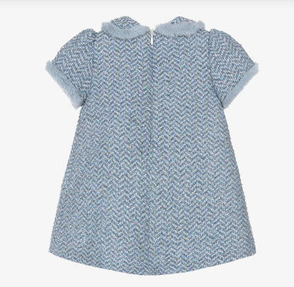 PATACHOU Girls Blue Tweed Dress with Faux Fur Trim