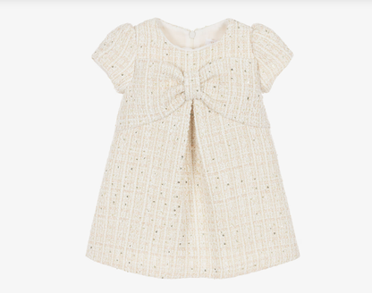 PATACHOU Girls Ivory Tweed Dress with Bow & Sequins