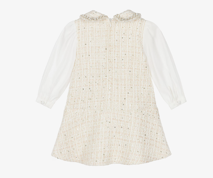 PATACHOU Girls Ivory Tweed Dress with Chiffon Sleeves