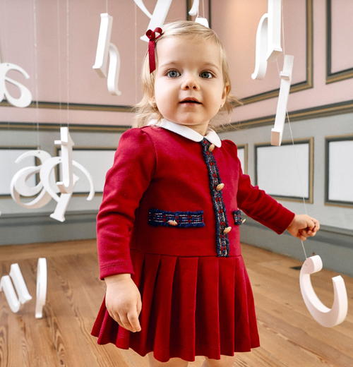 PATACHOU Girls Red Cotton Jersey Dress with Tartan Trims