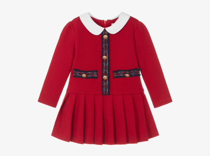 PATACHOU Girls Red Cotton Jersey Dress with Tartan Trims