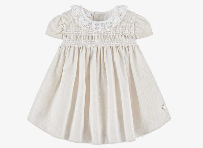 PAZ RODRIGUEZ Baby Girls Beige Cotton & White Tulle Dress with Lace Collar