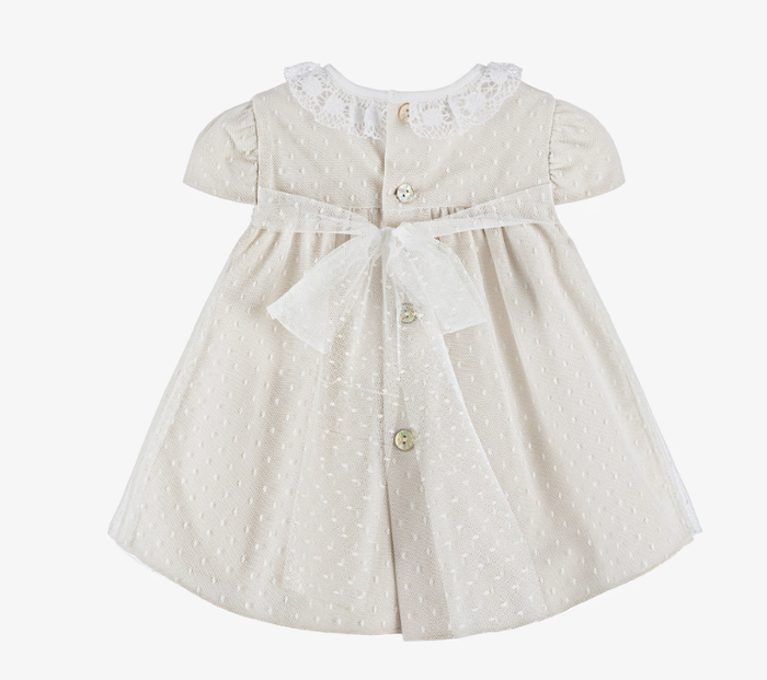 PAZ RODRIGUEZ Baby Girls Beige Cotton & White Tulle Dress with Lace Collar