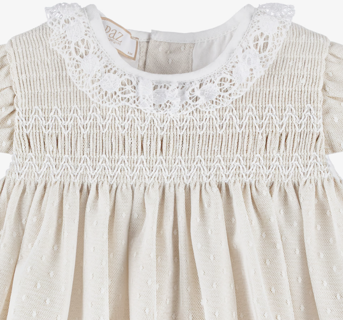 PAZ RODRIGUEZ Baby Girls Beige Cotton & White Tulle Dress with Lace Collar