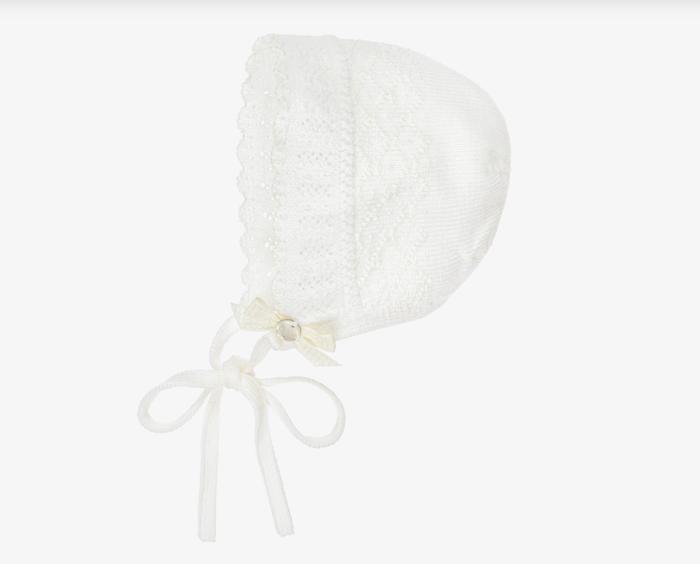 PAZ RODRIGUEZ Ivory Merino Wool Lacey Knit Baby Bonnet