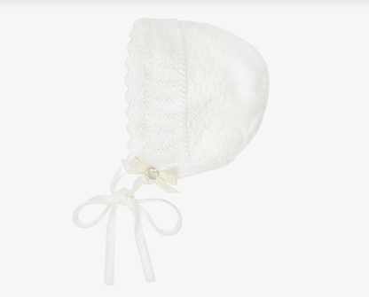 PAZ RODRIGUEZ Ivory Merino Wool Lacey Knit Baby Bonnet