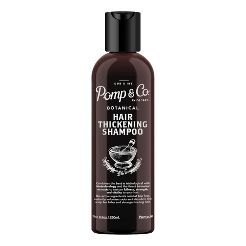 Pomp & Co. Botanical Hair Thickening Shampoo i mørkbrun flaske med svart hette