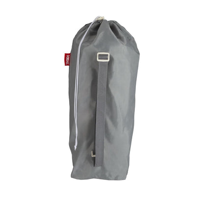 The Nuby Pop Up Booster Seat | Grey is shown against a white background in a gray drawstring duffel bag with a side strap and red seam tag, ideal for carrying this portable baby or travel booster seat.