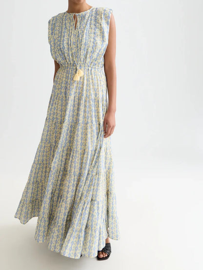 Printed Tiered Maxi Dress Cactus Stripe Placed Raffia