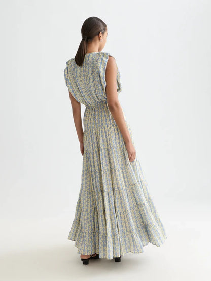 Printed Tiered Maxi Dress Cactus Stripe Placed Raffia