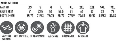 Size chart and feature icons for a men's short-sleeve polo shirt with text and symbols.