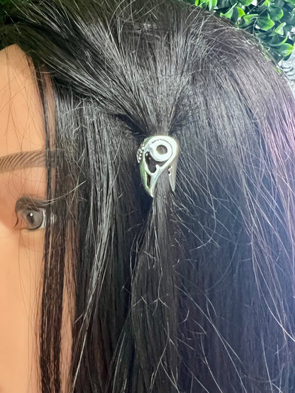 Close-up of Raven's Skull Hair Bead - Silver Finish Gothic & Viking detail