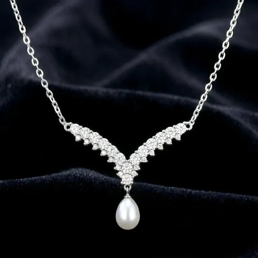 Wedding Jewelry | V-Shape Pearl Drop Bridal Necklace – Silver & Gold