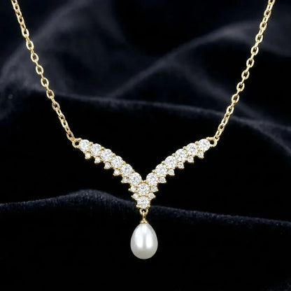 Wedding Jewelry | V-Shape Pearl Drop Bridal Necklace – Silver & Gold