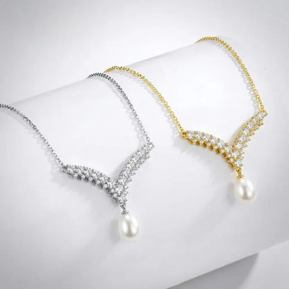 Wedding Jewelry | V-Shape Pearl Drop Bridal Necklace – Silver & Gold