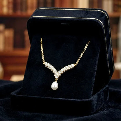 Wedding Jewelry | V-Shape Pearl Drop Bridal Necklace – Silver & Gold
