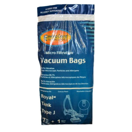 Royal Type J Pony Tank Vacuum Bags  7pk +1 Filter Part 151