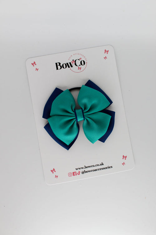 School Bow Jade Green and Navy Blue - Layer Edge Bow - Elastic