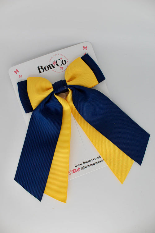 School Bow Navy Blue and Yellow Gold - Double Layer Tail Bow - Clip