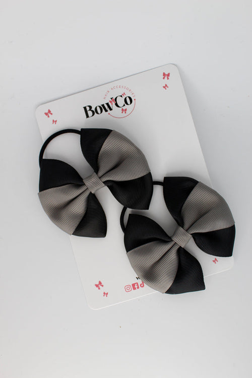 School Bows - Black and Metal Grey - Round Tuxedo Bow Set - Elastic