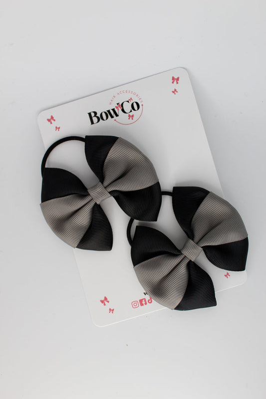 School Bows - Black and Metal Grey - Round Tuxedo Bow Set - Elastic