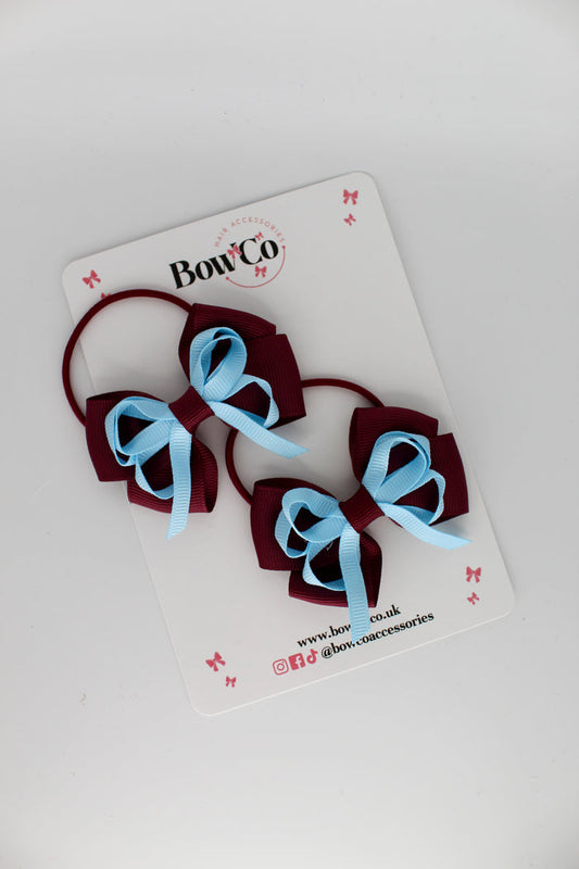 School Bows Burgundy and Blue Topaz - Double Bow Set - Elastic