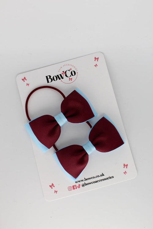 School Bows Burgundy and Blue Topaz - Double Lapel Bow Set - Elastic