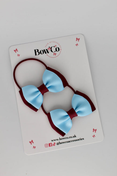 School Bows Burgundy and Blue Topaz - Double Ribbon Bow Set - Elastic