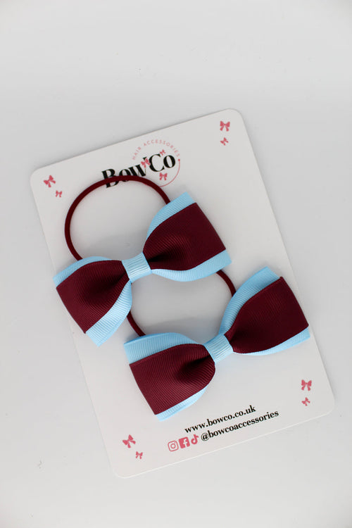 School Bows Burgundy and Blue Topaz - Tuxedo Bow Set - Elastic