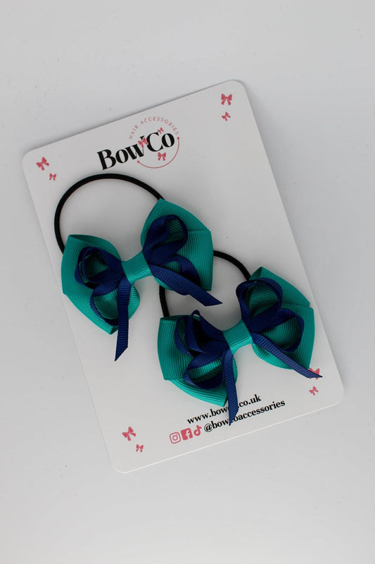 School Bows Jade Green and Navy Blue - Double Bow Set - Elastic