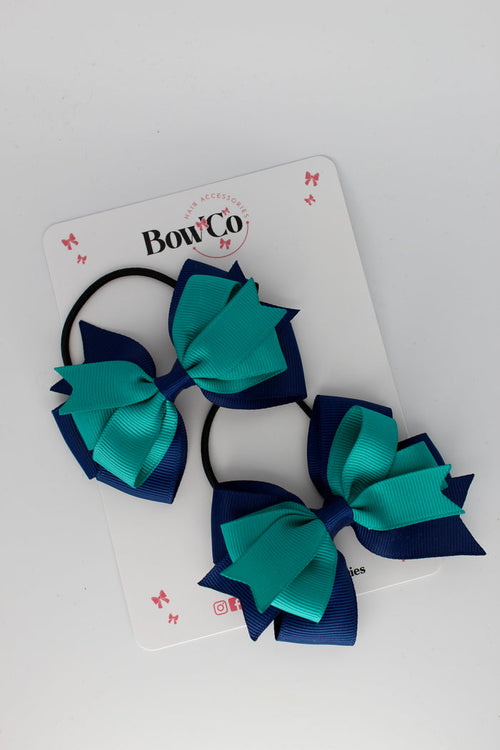 School Bows Jade Green and Navy Blue - Double Tail Bow Set - Elastic