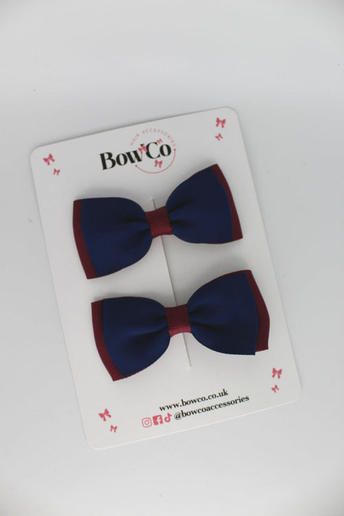 School Bows Navy Blue & Burgundy - Double Lapel Bow Set - Clip