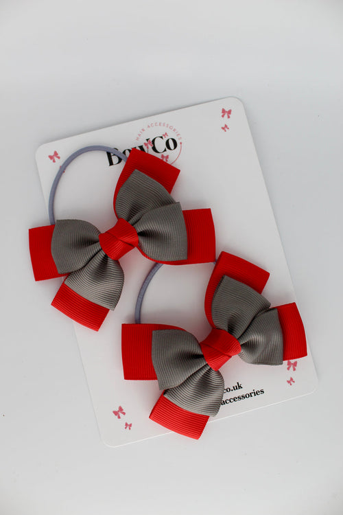 School Bows Red and Metal Grey - Layer Bow Set - Elastic