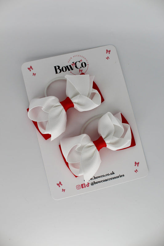 School Bows Red and White - Pleated Bow Set - Elastic