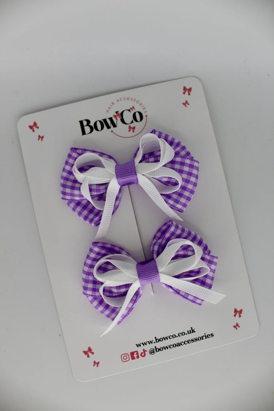 School Lilac Gingham Double Bow Set - Clip