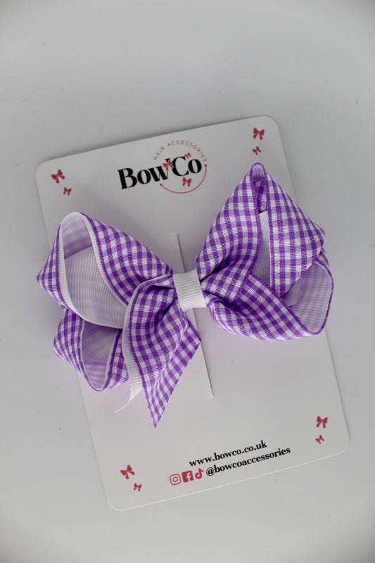 School Lilac Gingham Loop Bow - Clip