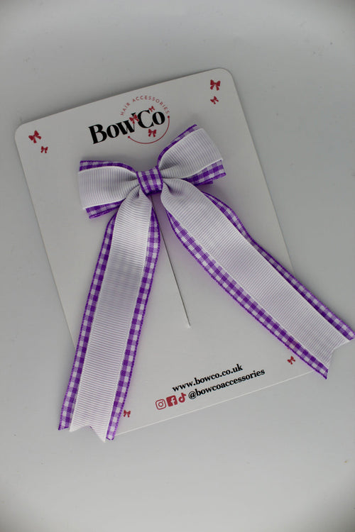 School Lilac Gingham Tuxedo Tail Bow - Clip