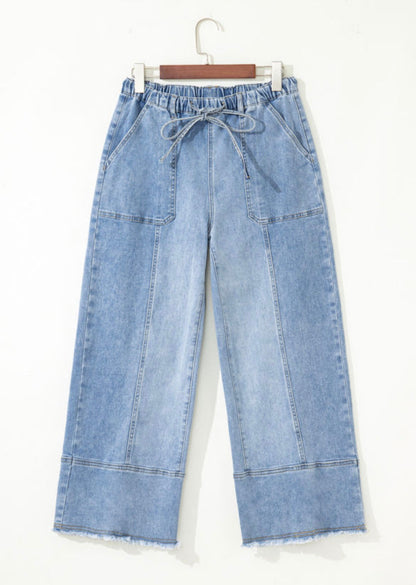 Seam Detail Raw Hem Wide Leg Denim Pants