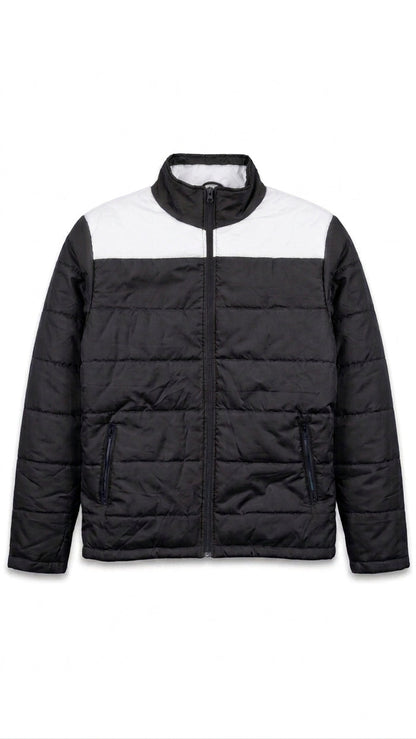 A black and white colorblock puffer jacket with a full-zip front, stand-up collar, and zippered hand pockets, shown against a plain white background.