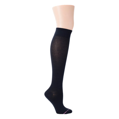 Knee-high compression sock in solid navy cotton blend, displayed on a mannequin leg.