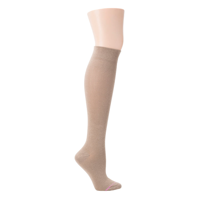 Knee-high compression sock in a solid beige color, displayed on a mannequin leg.