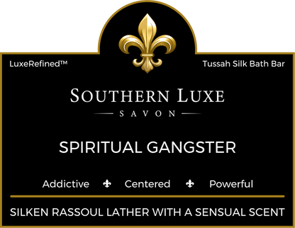 Spiritual Gangster 8.5 oz luxury men's bath bar label by Southern Luxe Savon handcrafted with Tussah silk and rich butters