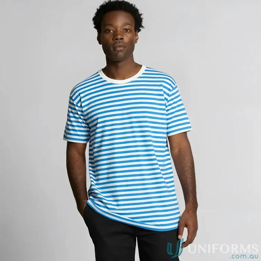 Man wearing Staple Stripe Tee in blue and white stripe short-sleeve t-shirt
