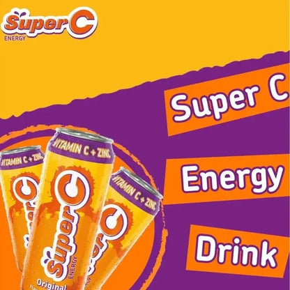 500ml can of Super C Energy Drink with citrus flavor and vitamin C boost