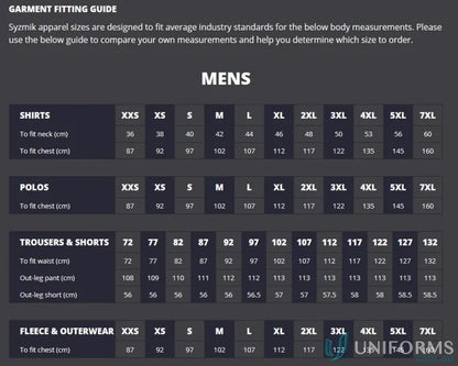 Men’s garment fitting guide for Syzmik Men’s Closed Mesh Vent Inserts Shirt ZW550
