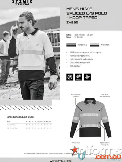 Syzmik Mens Vis Spliced Long Sleeve Hoop Taped Work Shirt for high visibility safety