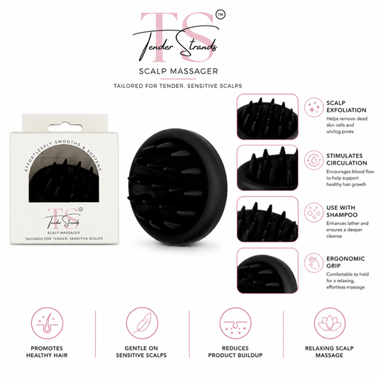 Tender Strings Scalp Massager shown with its retail box, product close-up, and feature callouts on a white background. The black oval-shaped scalp massager is displayed alongside several inset views of the textured head and marketing text about scalp exfoliation, circulation, shampoo use, and ergonomic grip.